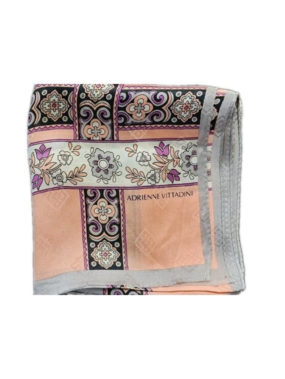 Adrienne Vittadini Silk Scarf Peach Gray Floral Geometric Oblong 14x62 Vintage - Picture 4 of 6